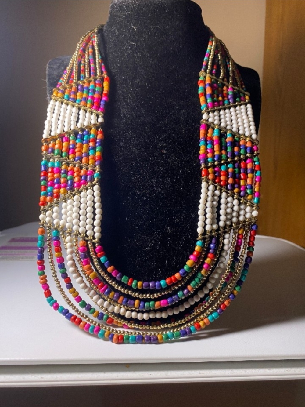 Handcrafted Boho Multicolor Beaded Statement Bib Necklace - White & Multicolor